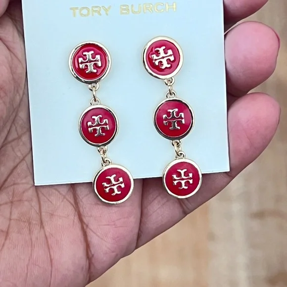 Tory Burch Gold-Tone Red Enamel Triple Drop Logo Earrings - Picture 1 of 13